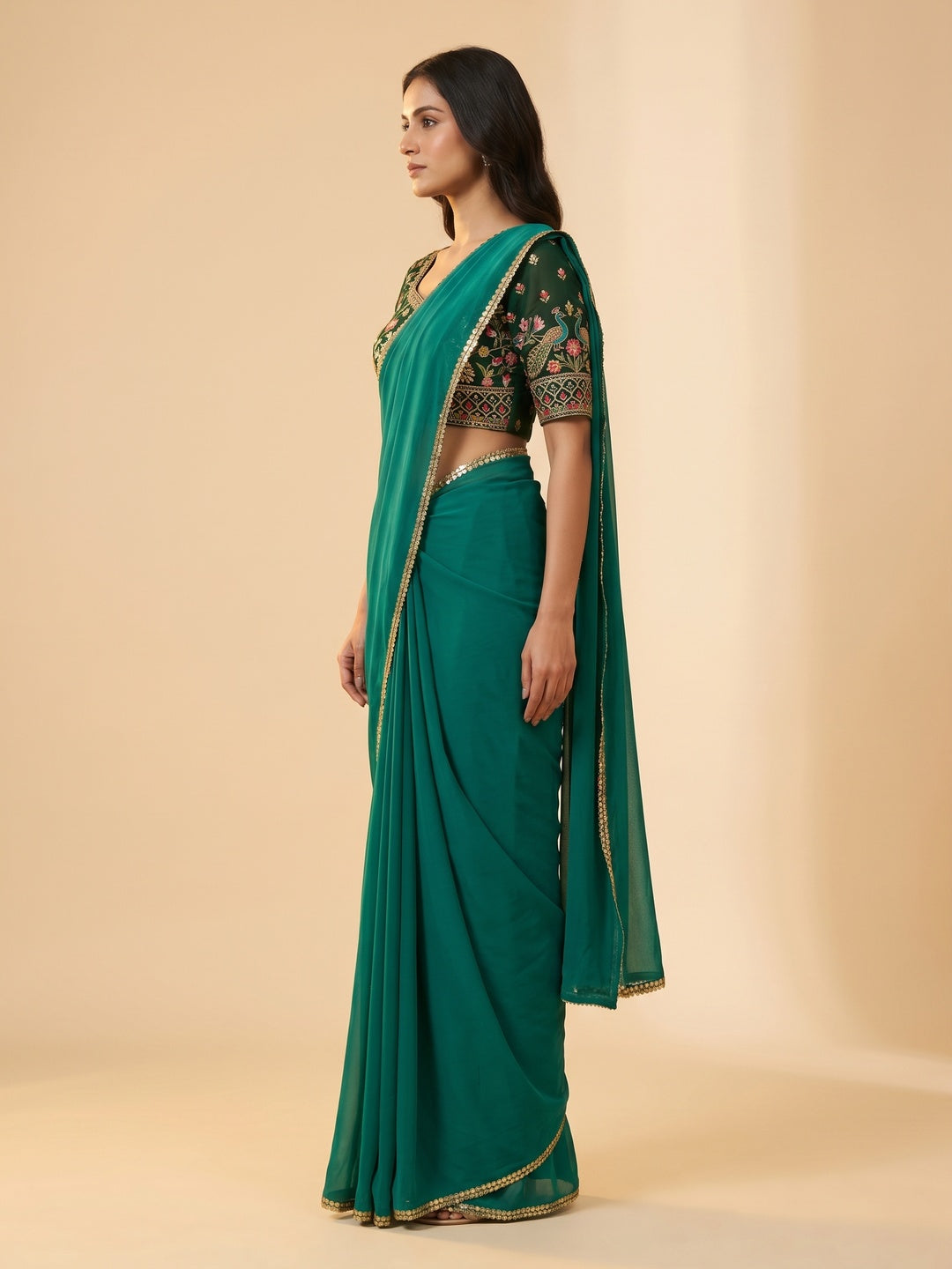 Rama Green Solid Georgette Saree With Sequins Border - Image 3