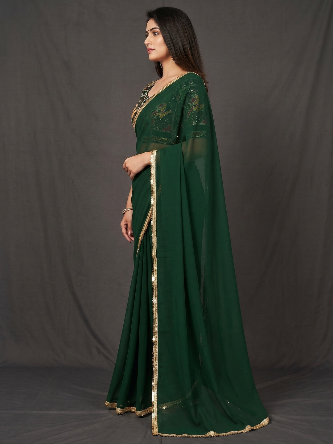 Green Solid Georgette Saree With Sequins Border - Image 3