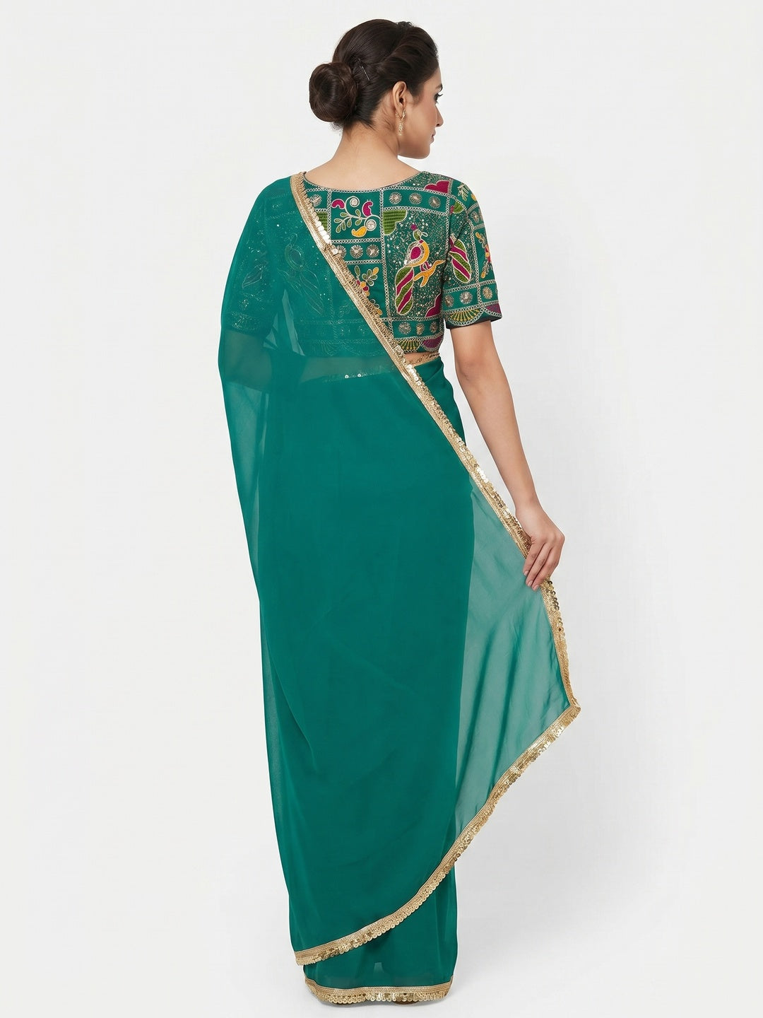 Rama Green Solid Georgette Saree With Sequins Border - Image 2