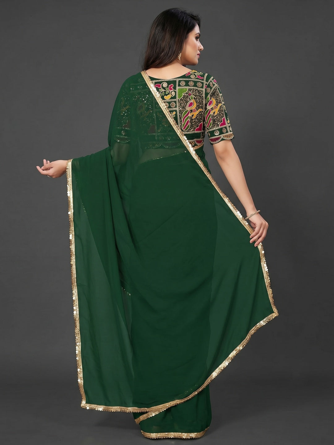 Green Solid Georgette Saree With Sequins Border - Image 4