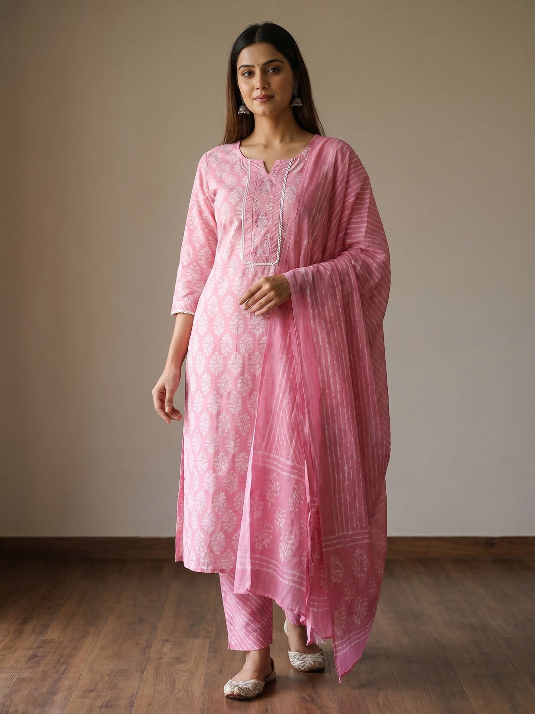 Pink Floral Printed Pure Cotton Dress Material - Image 1