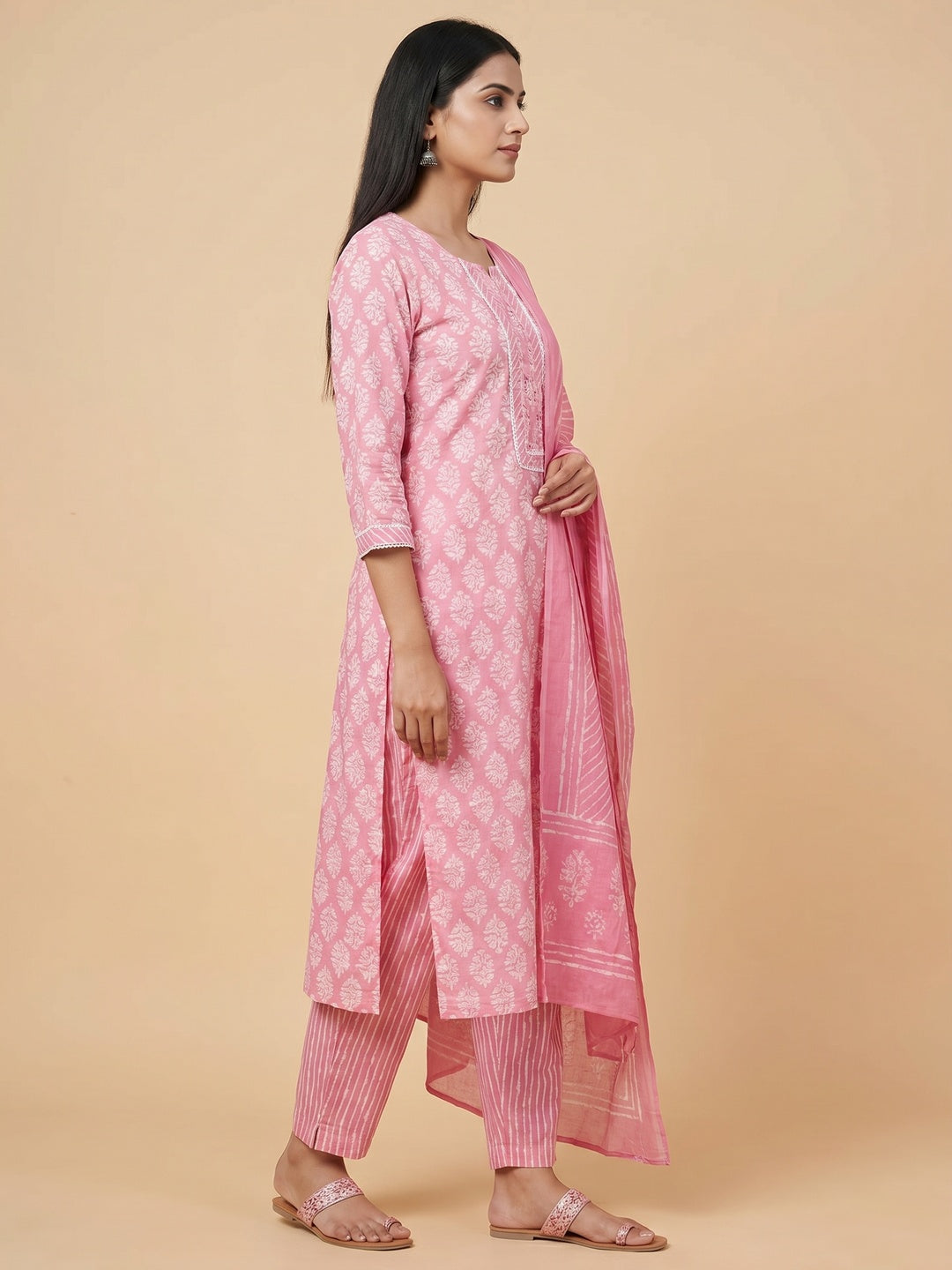 Pink Floral Printed Pure Cotton Dress Material - Image 2