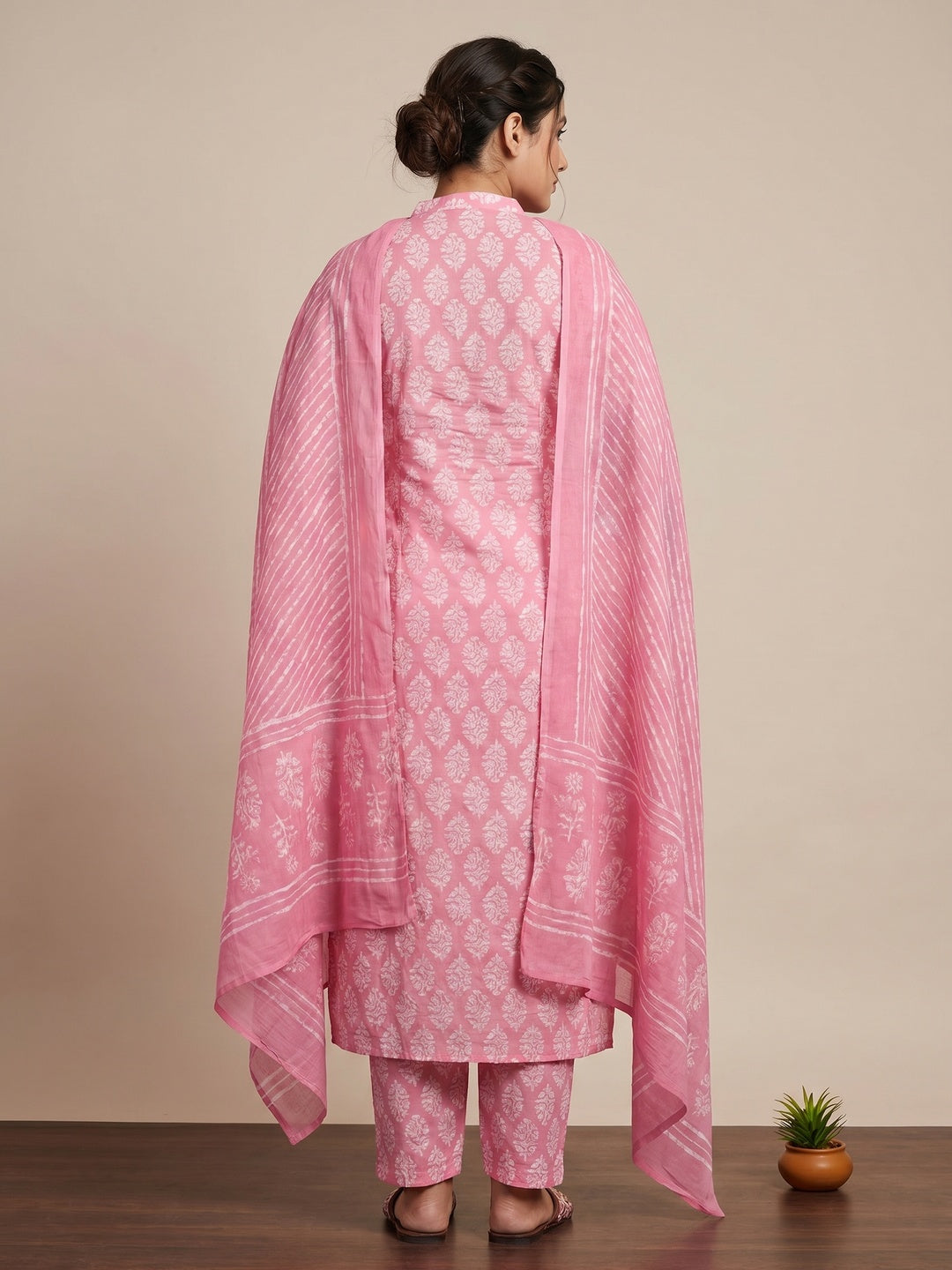 Pink Floral Printed Pure Cotton Dress Material - Image 3