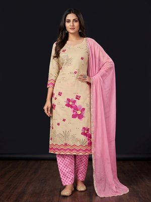 Beige & Pink Floral Printed Pure Cotton Dress Material - Image 1