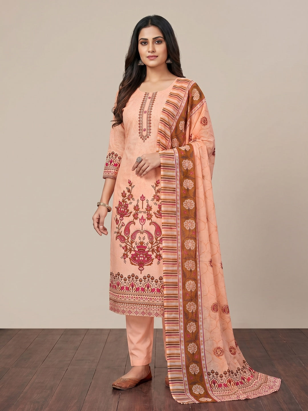 Peach Floral Printed With Stonework Pure Cotton Dress Material - Image 1