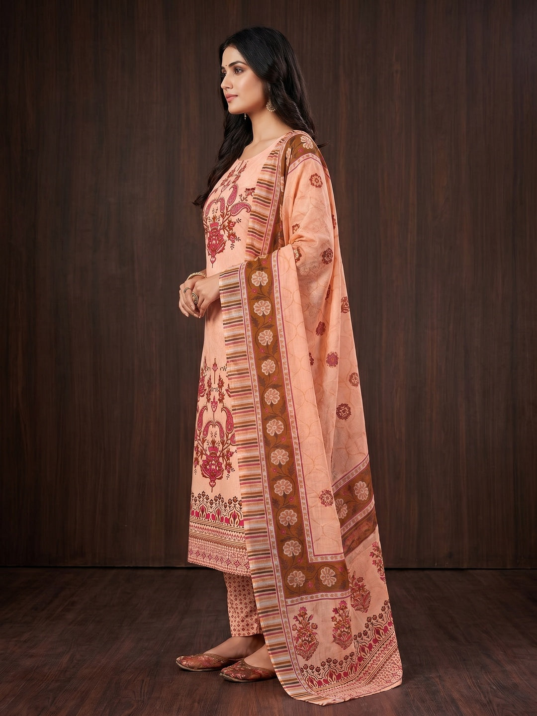 Peach Floral Printed With Stonework Pure Cotton Dress Material - Image 2