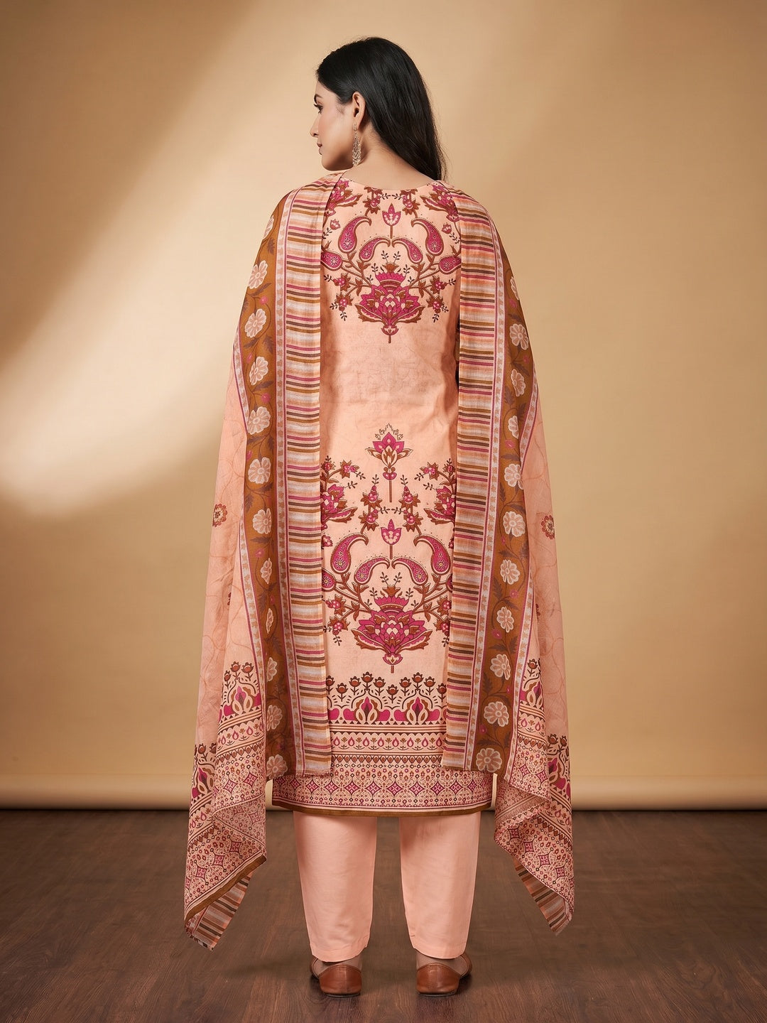 Peach Floral Printed With Stonework Pure Cotton Dress Material - Image 3