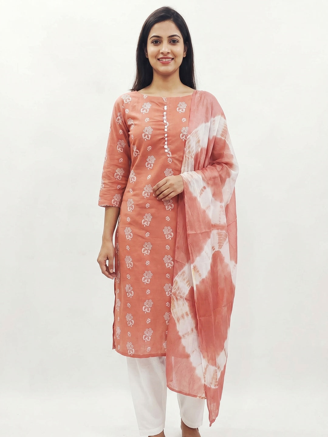 Peach Foil Floral Printed Cotton Blend Dress Material - Image 1