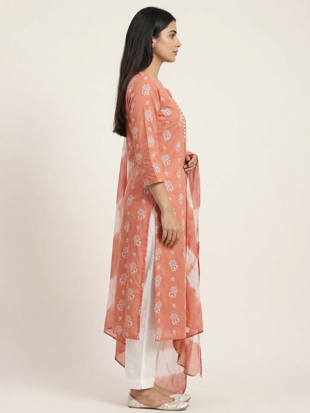 Peach Foil Floral Printed Cotton Blend Dress Material - Image 3