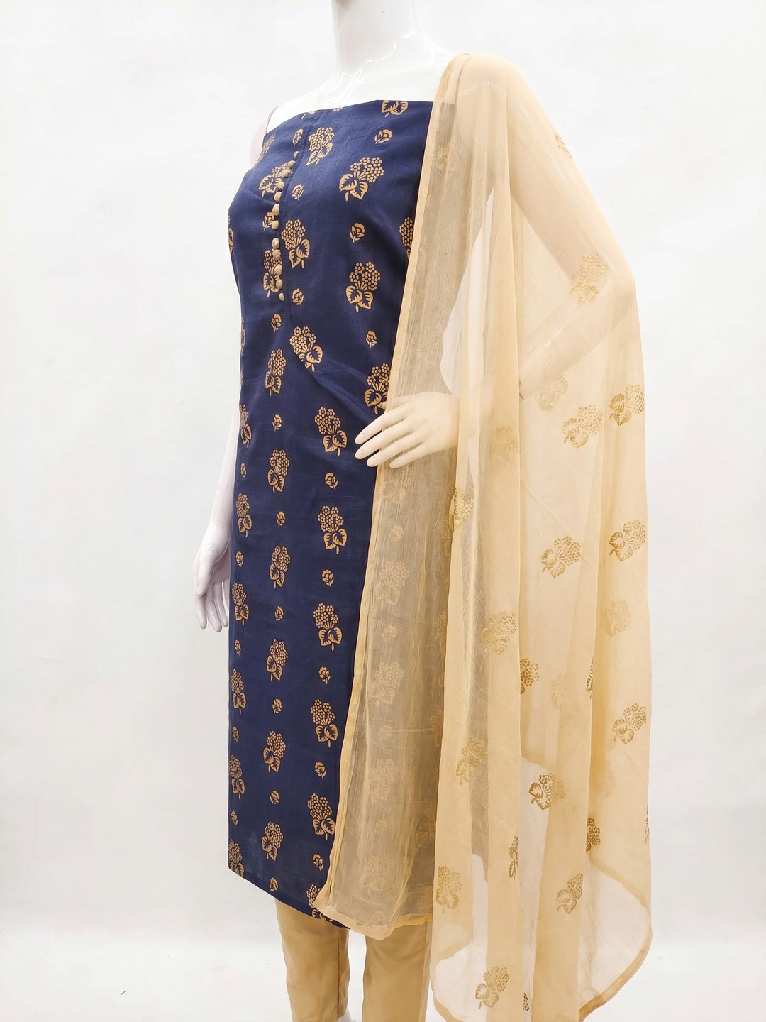 Blue Foil Floral Printed Cotton Blend Dress Material - Image 2