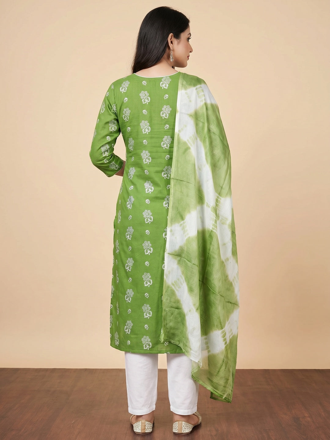 Green Foil Floral Printed Cotton Blend Dress Material - Image 3