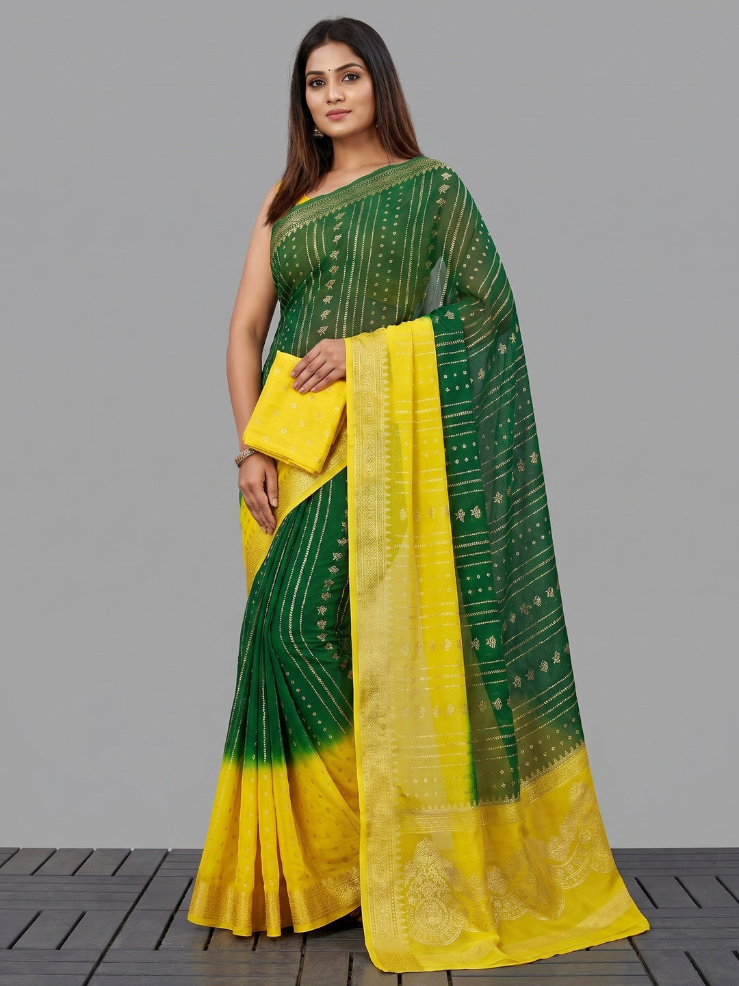 Green & Yellow Foil Printed Chiffon Saree - Image 1