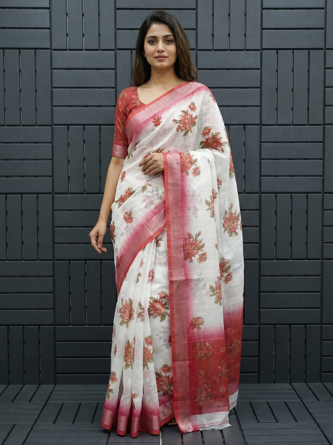 White & Red Floral Printed Linen Saree - Image 1