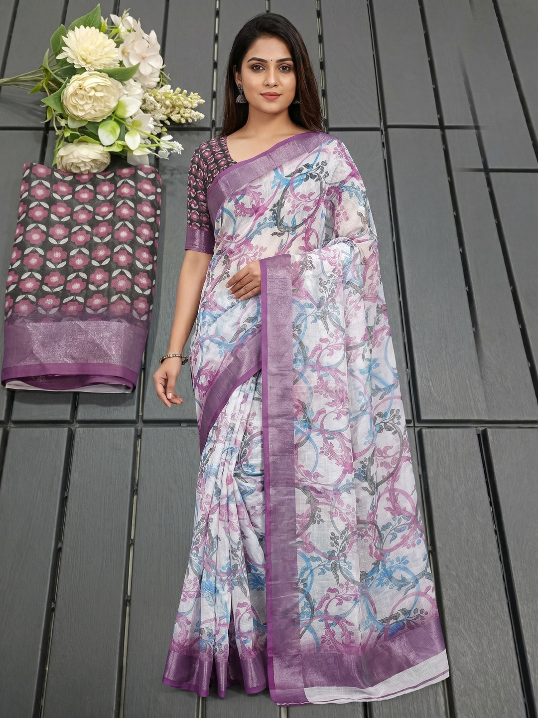 White & Purple Floral Printed Linen Saree - Image 1