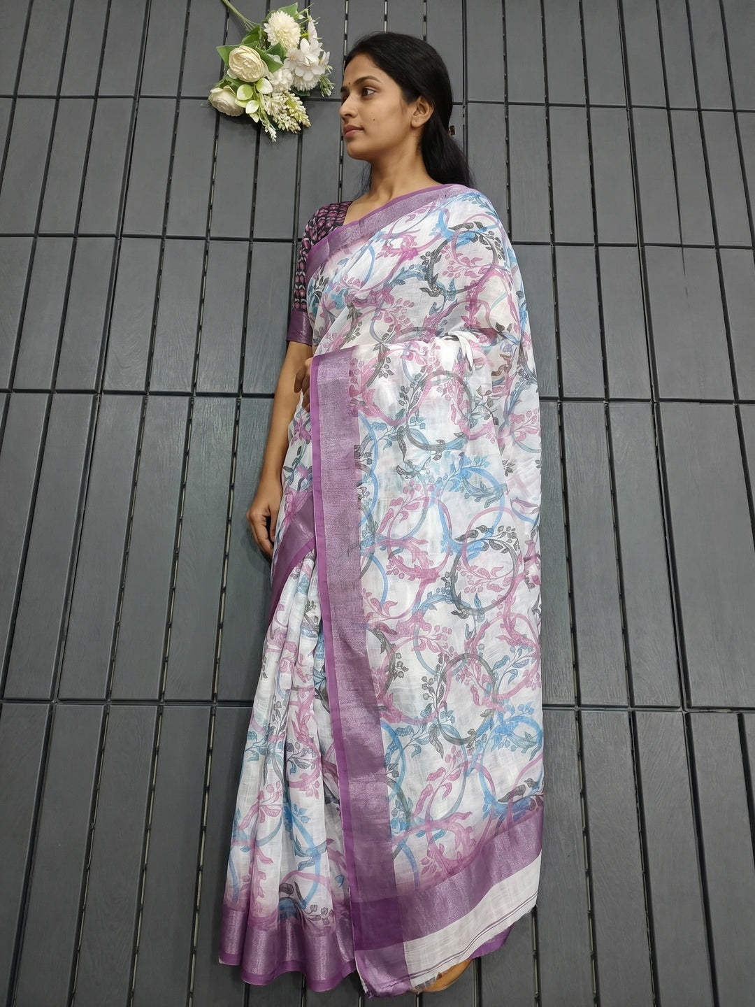 White & Purple Floral Printed Linen Saree - Image 2