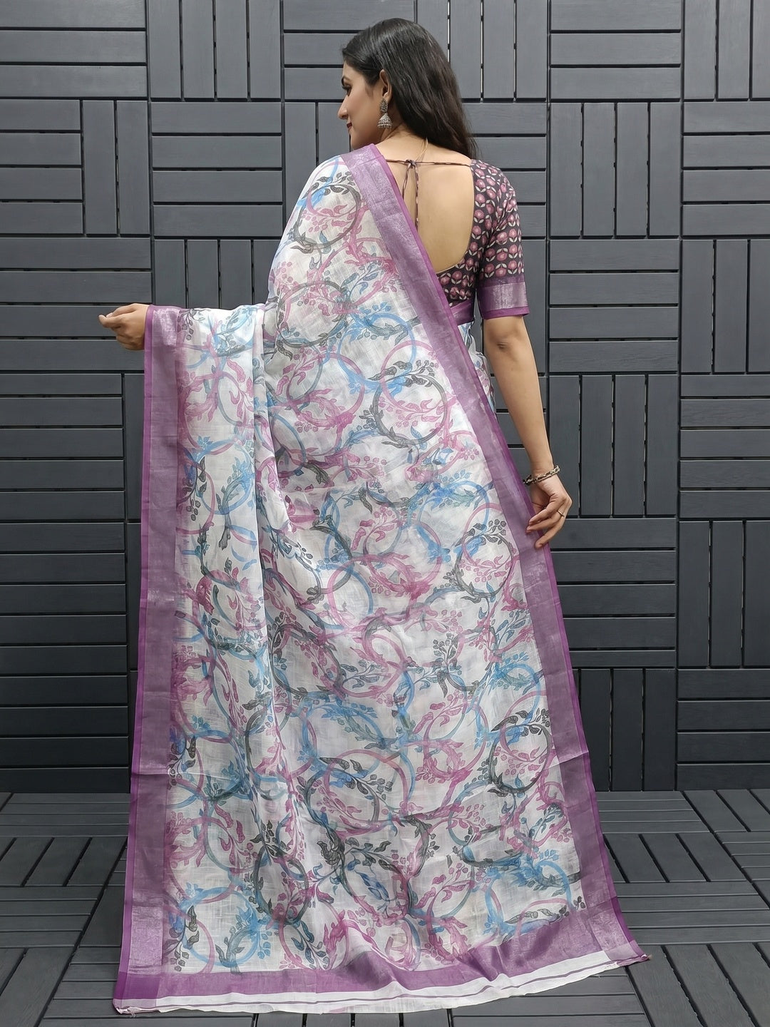 White & Purple Floral Printed Linen Saree - Image 3