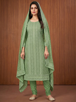 Green Sequin Embroidered Georgette Dress Material - Image 1
