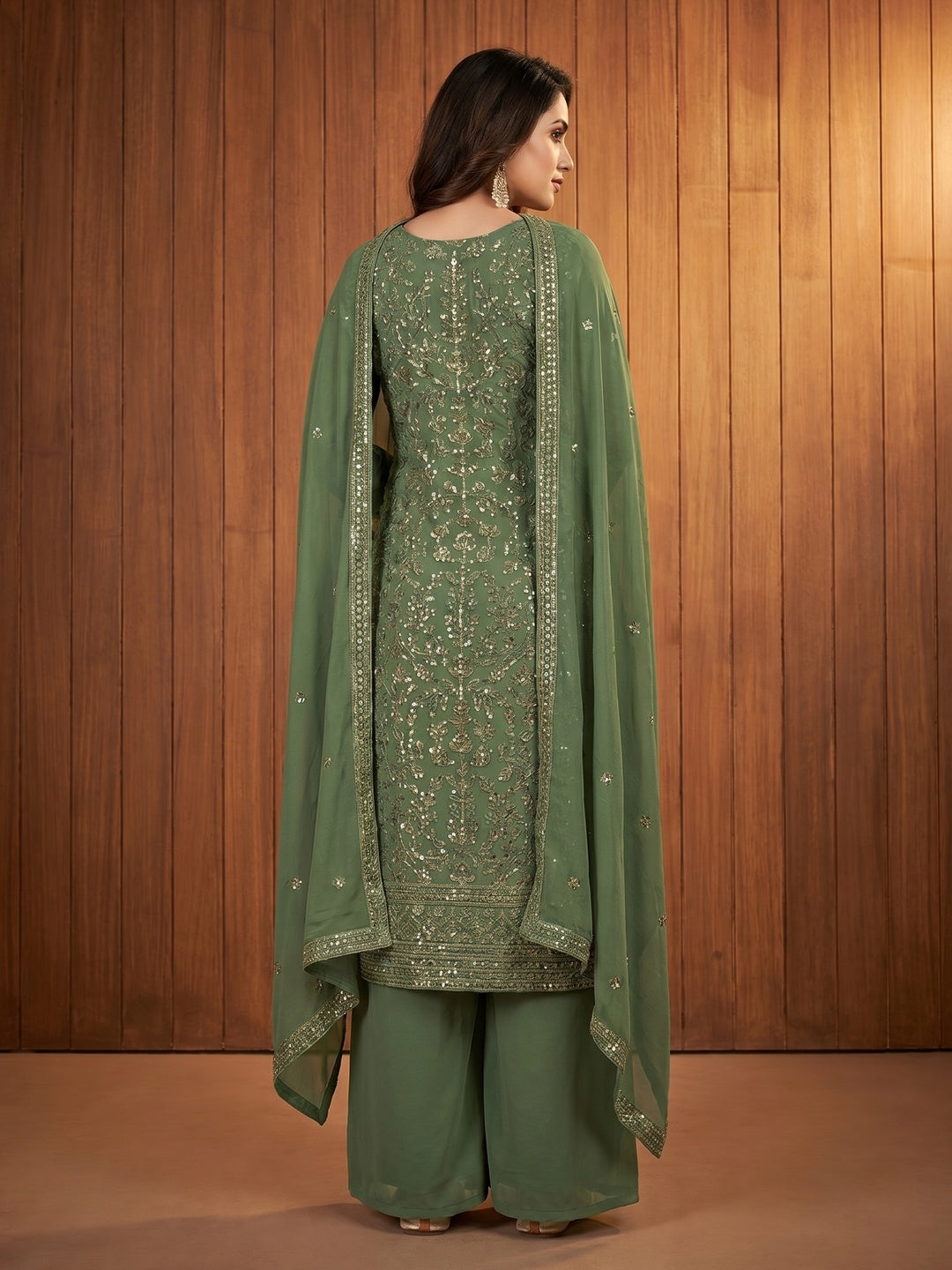 Green Sequin Embroidered Georgette Dress Material - Image 3
