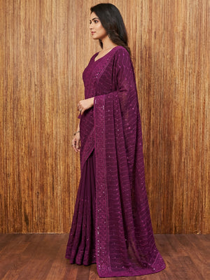 Wine Sequin Embroidered Georgette Dress Material - Image 1