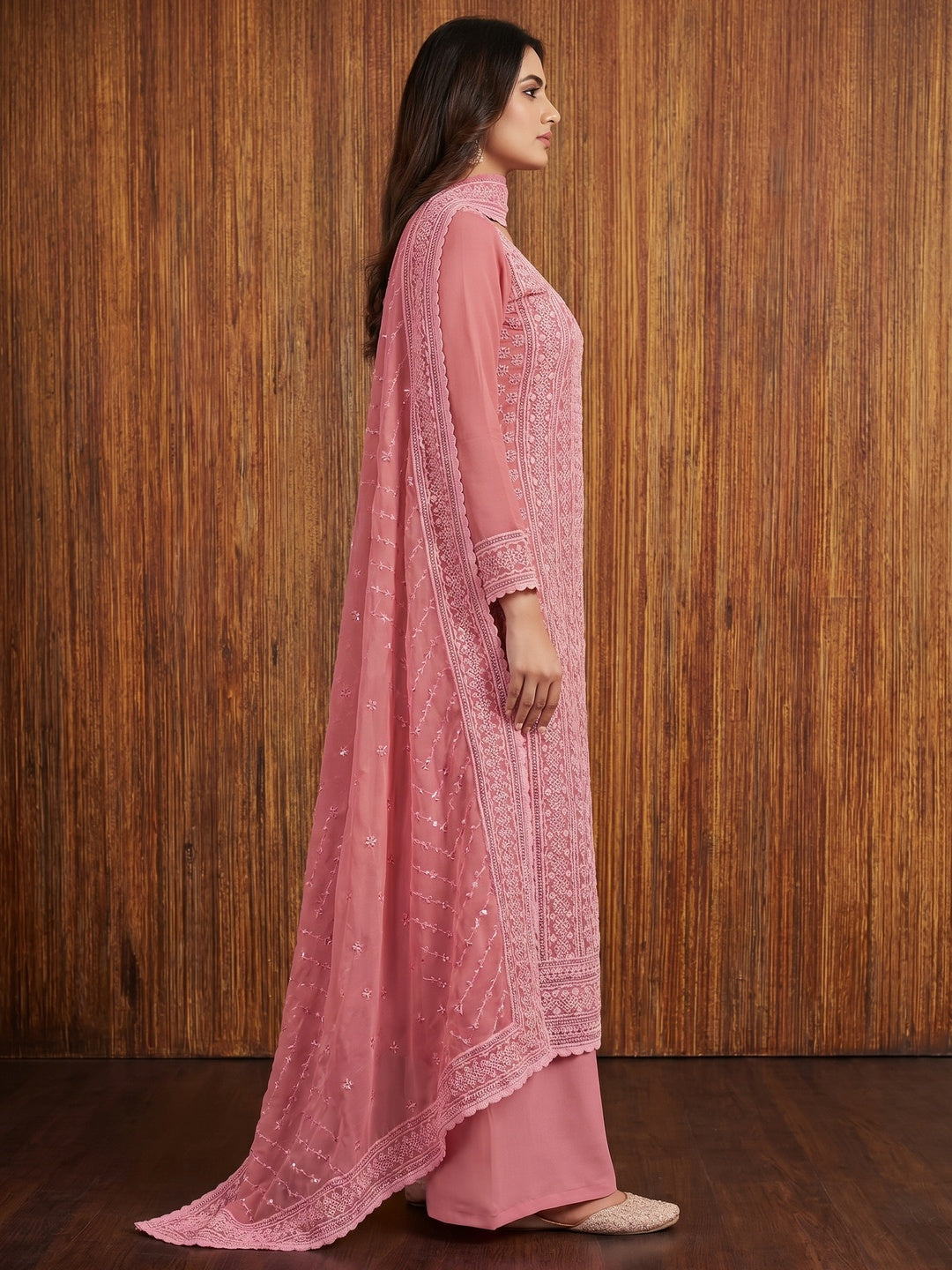 Gajari Pink Floral Sequins Embroidered Georgette Dress Material - Image 3