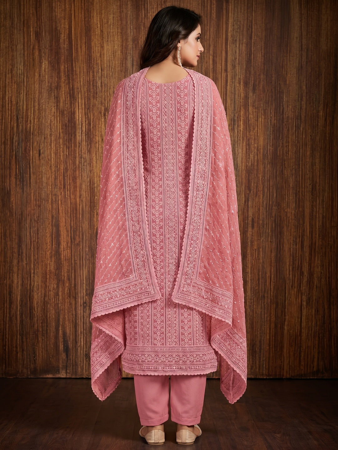 Gajari Pink Floral Sequins Embroidered Georgette Dress Material - Image 2
