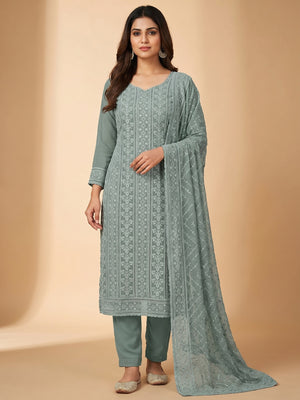Grey Floral Sequins Embroidered Georgette Dress Material - Image 1