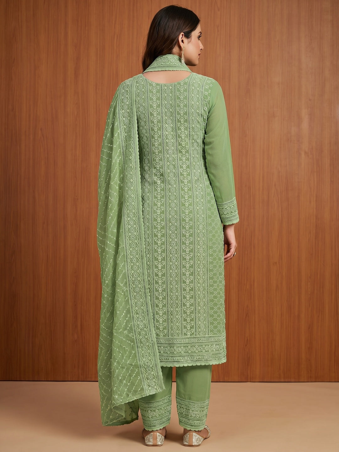 Green Floral Sequins Embroidered Georgette Dress Material - Image 2