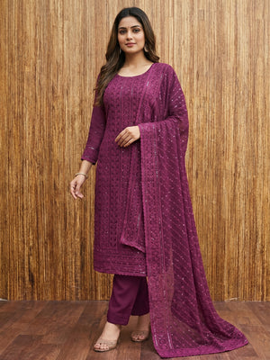 Wine Floral Sequins Embroidered Georgette Dress Material - Image 1
