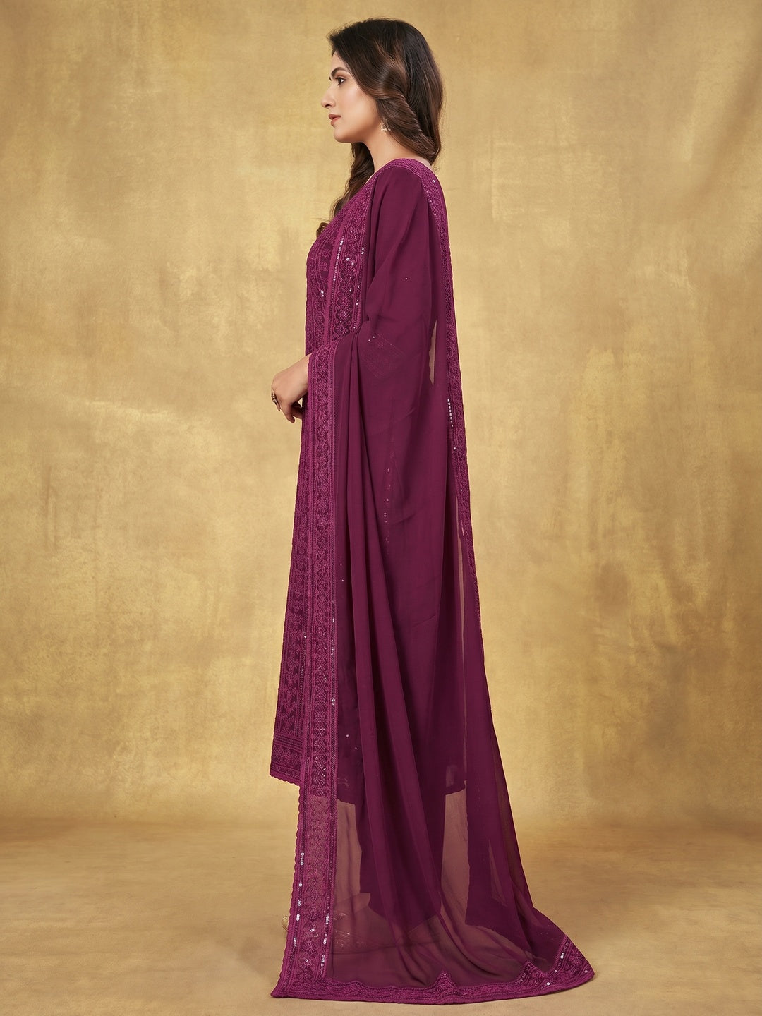 Wine Floral Sequins Embroidered Georgette Dress Material - Image 3