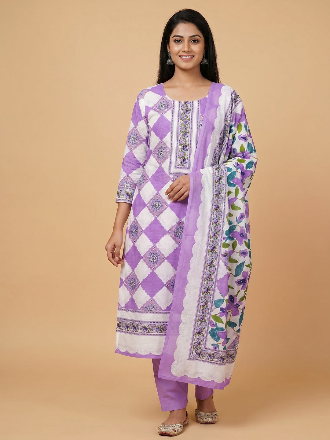 Purple Floral Printed Pure Cotton Dress Material - Image 1