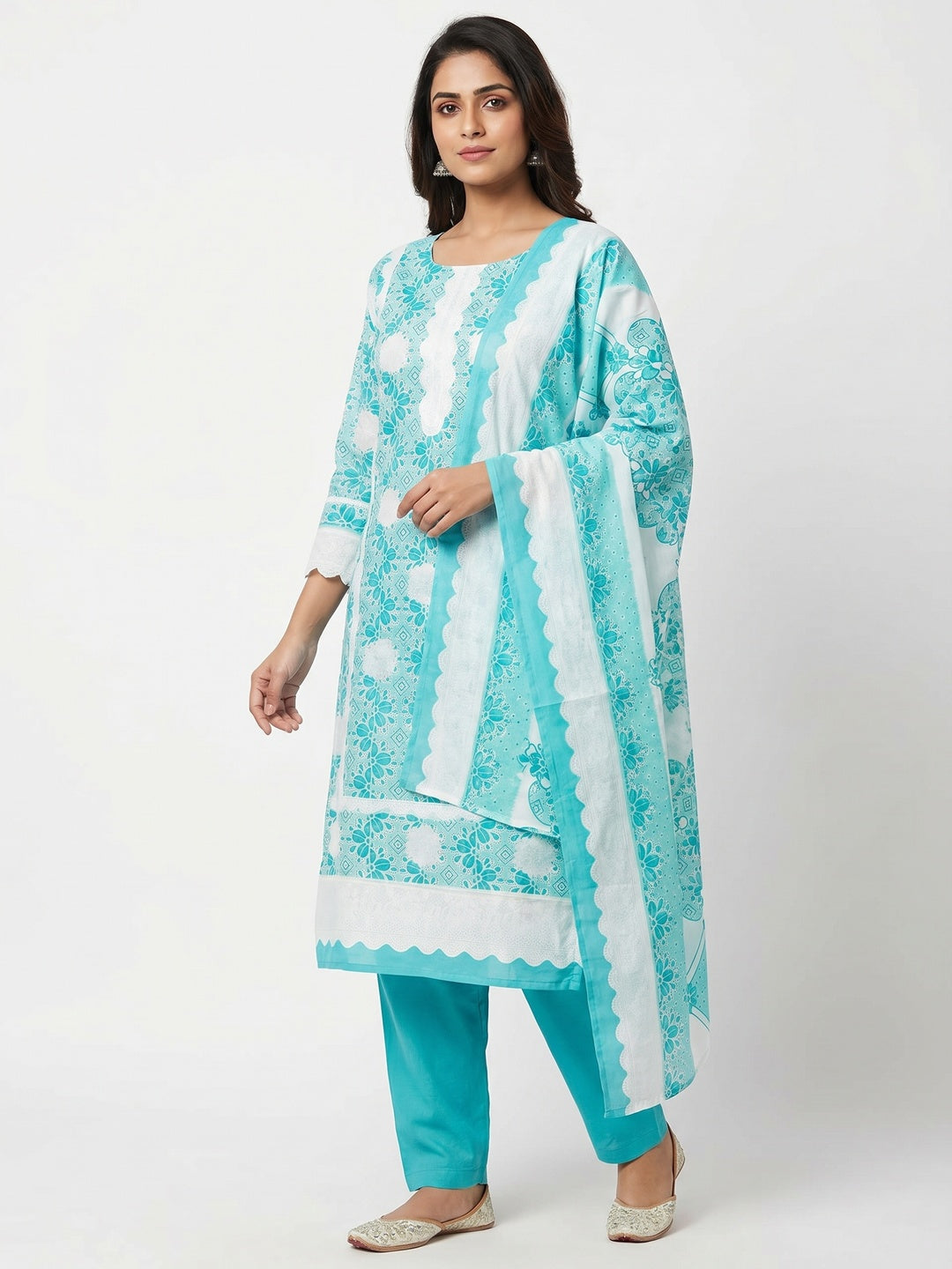 Blue Floral Printed Pure Cotton Dress Material - Image 1