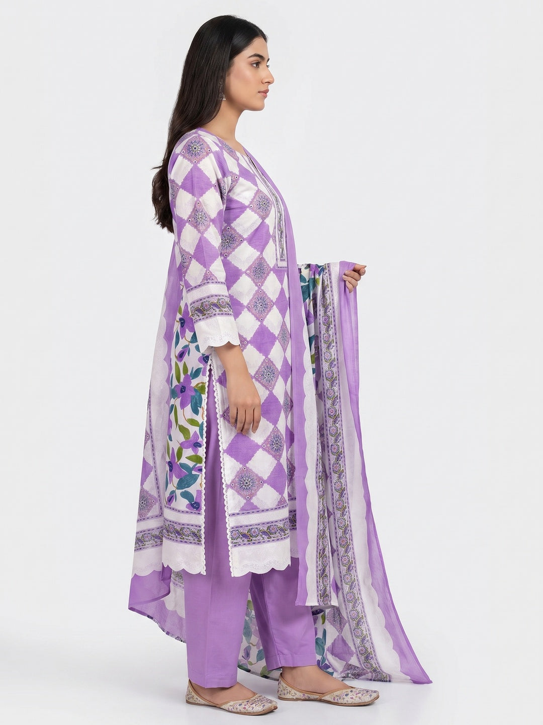 Purple Floral Printed Pure Cotton Dress Material - Image 2
