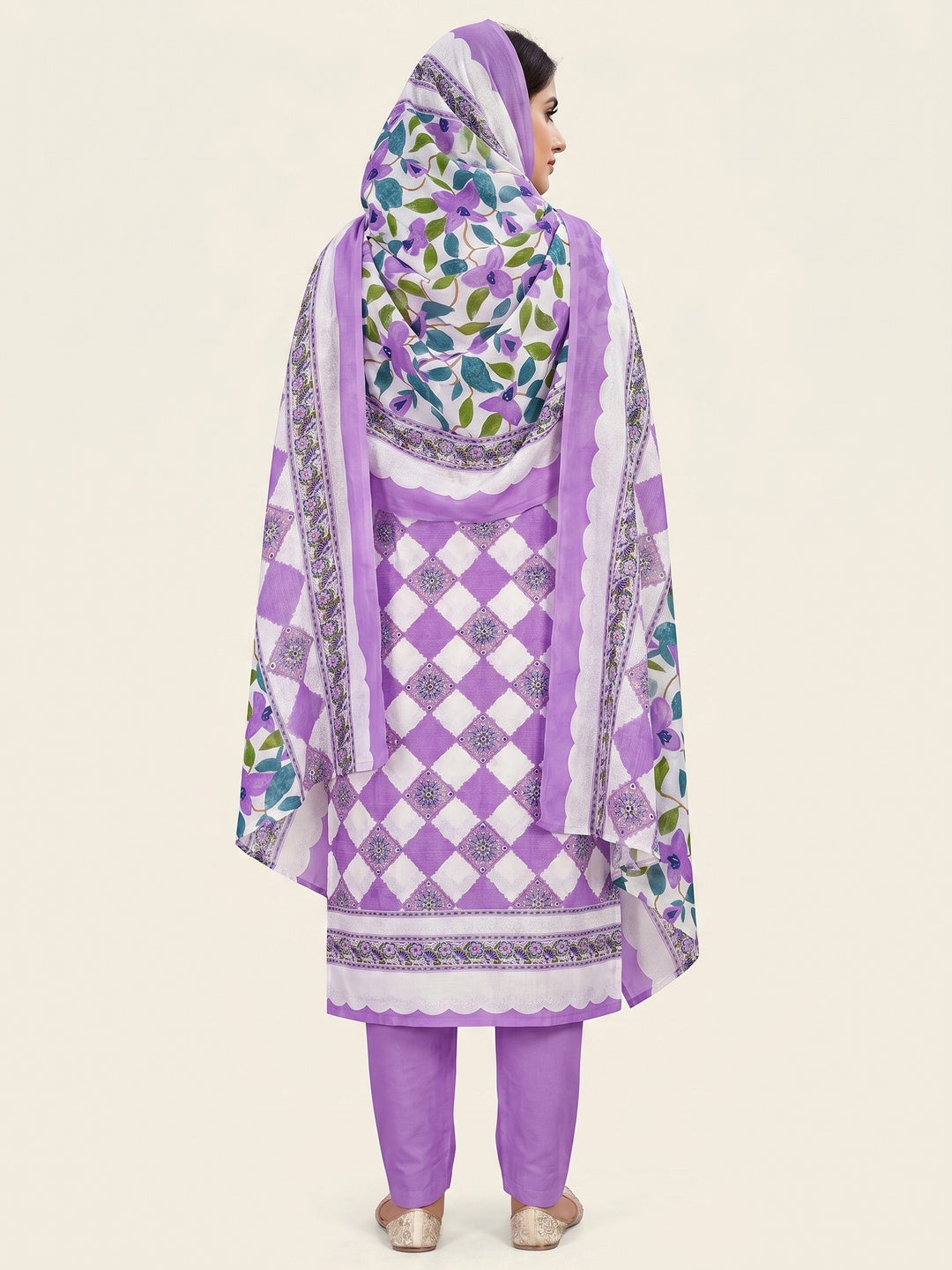 Purple Floral Printed Pure Cotton Dress Material - Image 3