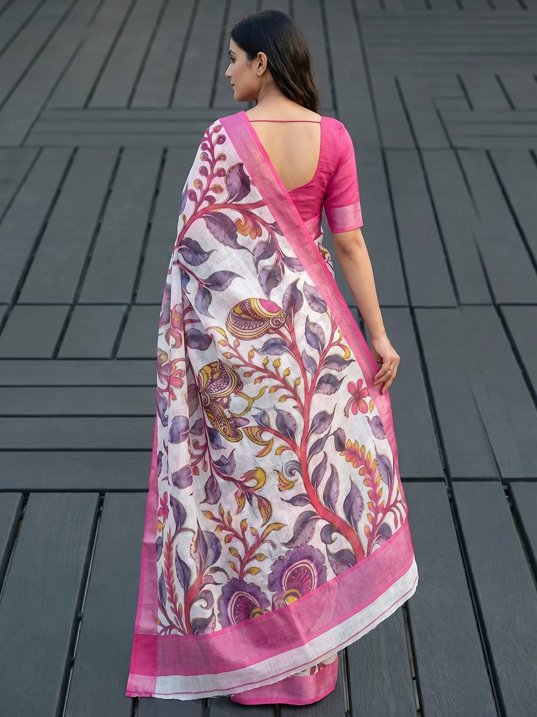 White & Pink Floral Printed Linen Saree - Image 2