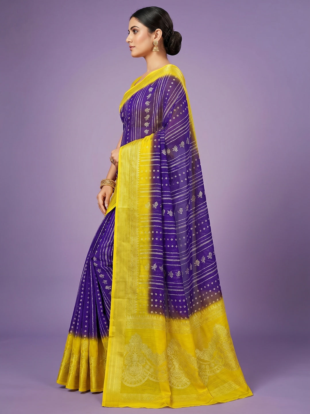 Purple & Yellow Foil Printed Chiffon Saree - Image 3