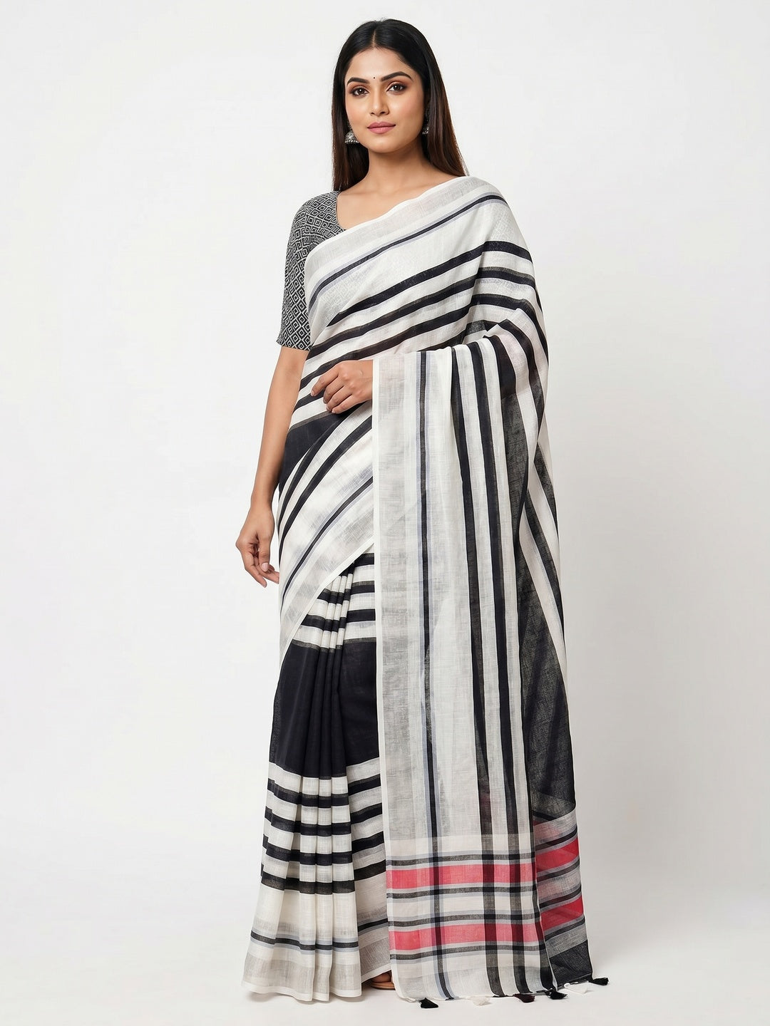 White & Black Printed Linen Saree - Image 1