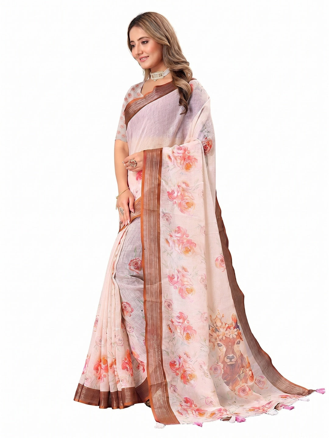 Cream Digital Print Linen Saree - Image 3