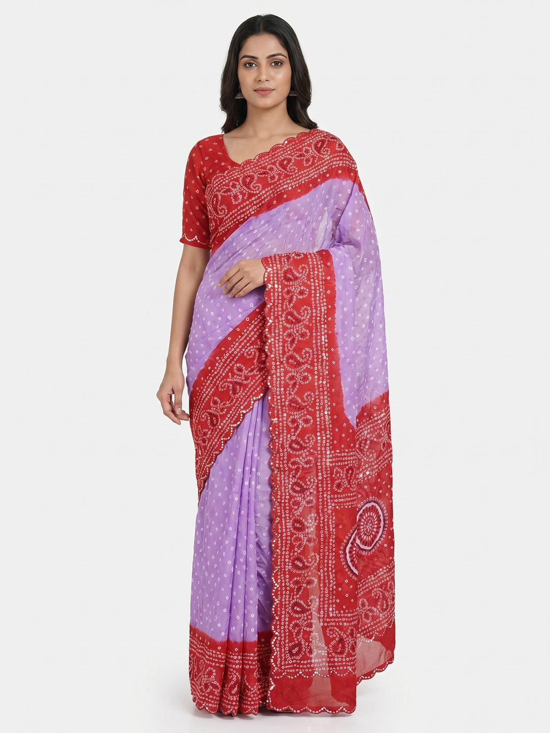 Lavender & Red Bandhani Printed Chiffon Saree - Image 1