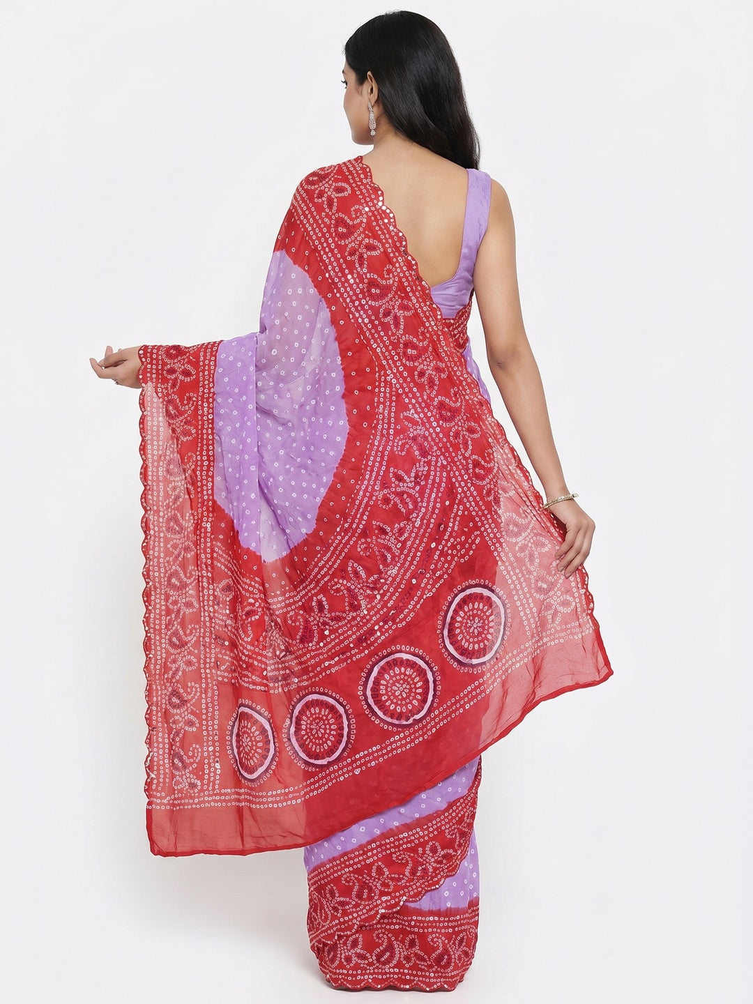 Lavender & Red Bandhani Printed Chiffon Saree - Image 2