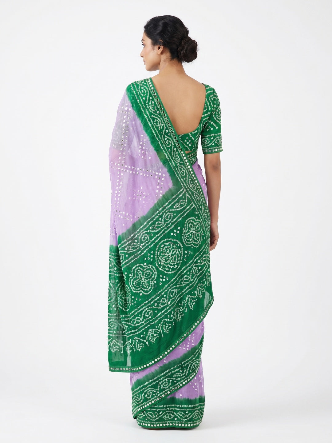 Lavender & Green Bandhani Printed Chiffon Saree - Image 2