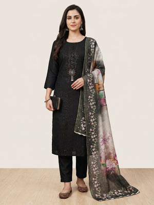 Black Floral Sequins Embroidered Cotton Silk Dress Material - Image 1