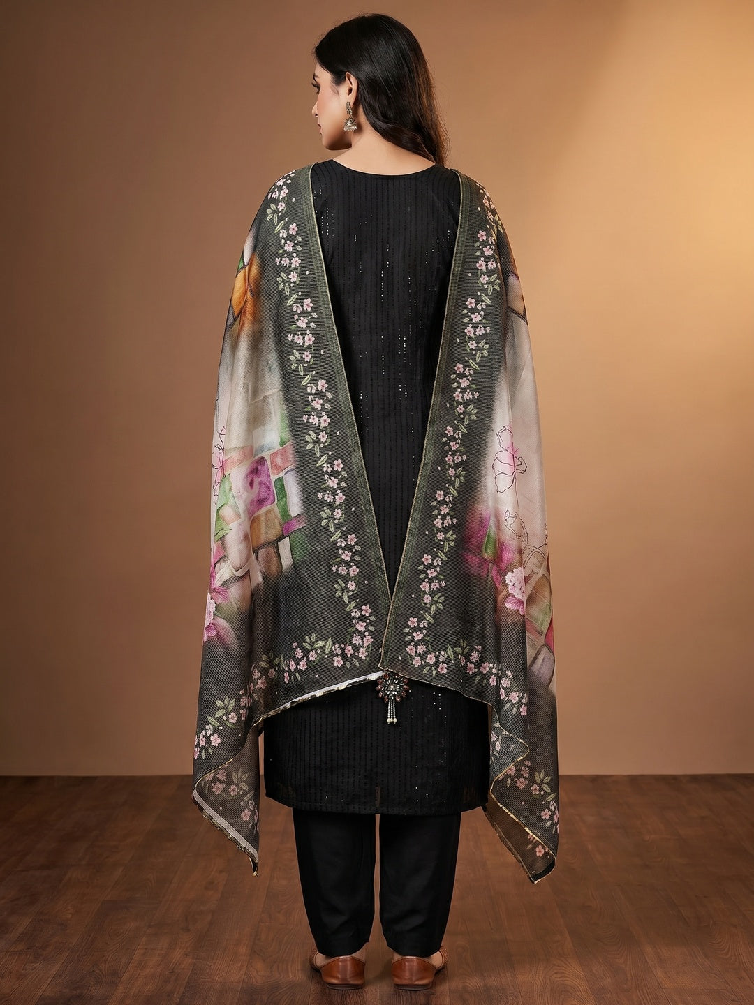 Black Floral Sequins Embroidered Cotton Silk Dress Material - Image 2