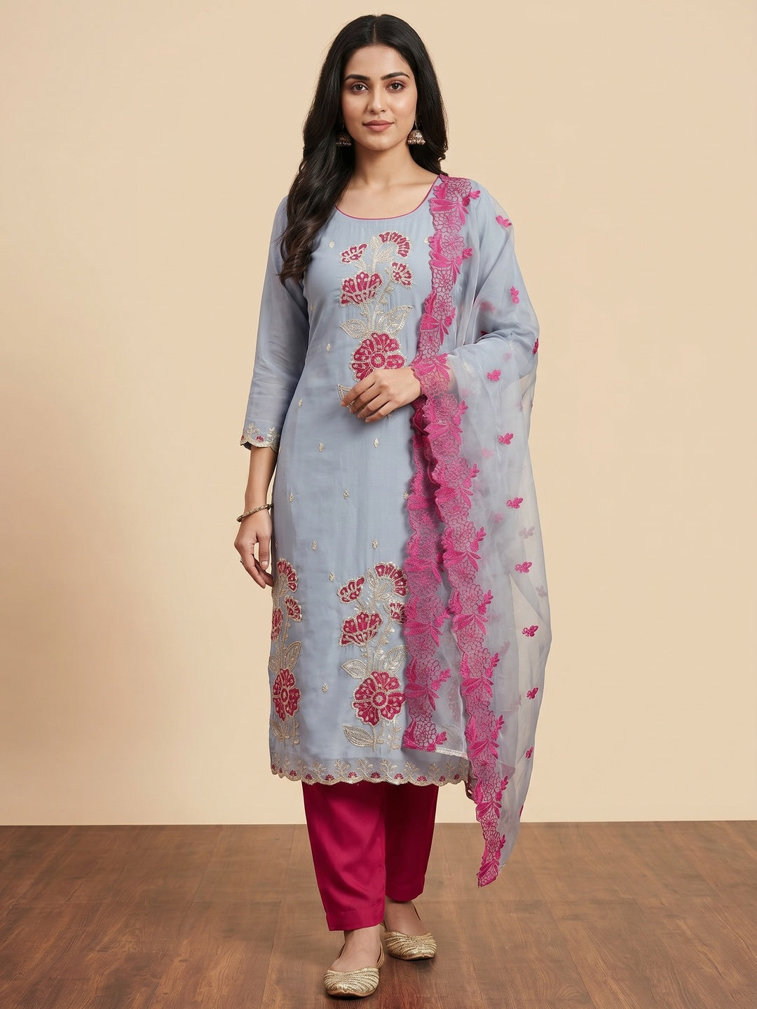 Grey Floral Hand Embroidered Cotton Silk Dress Material - Image 1
