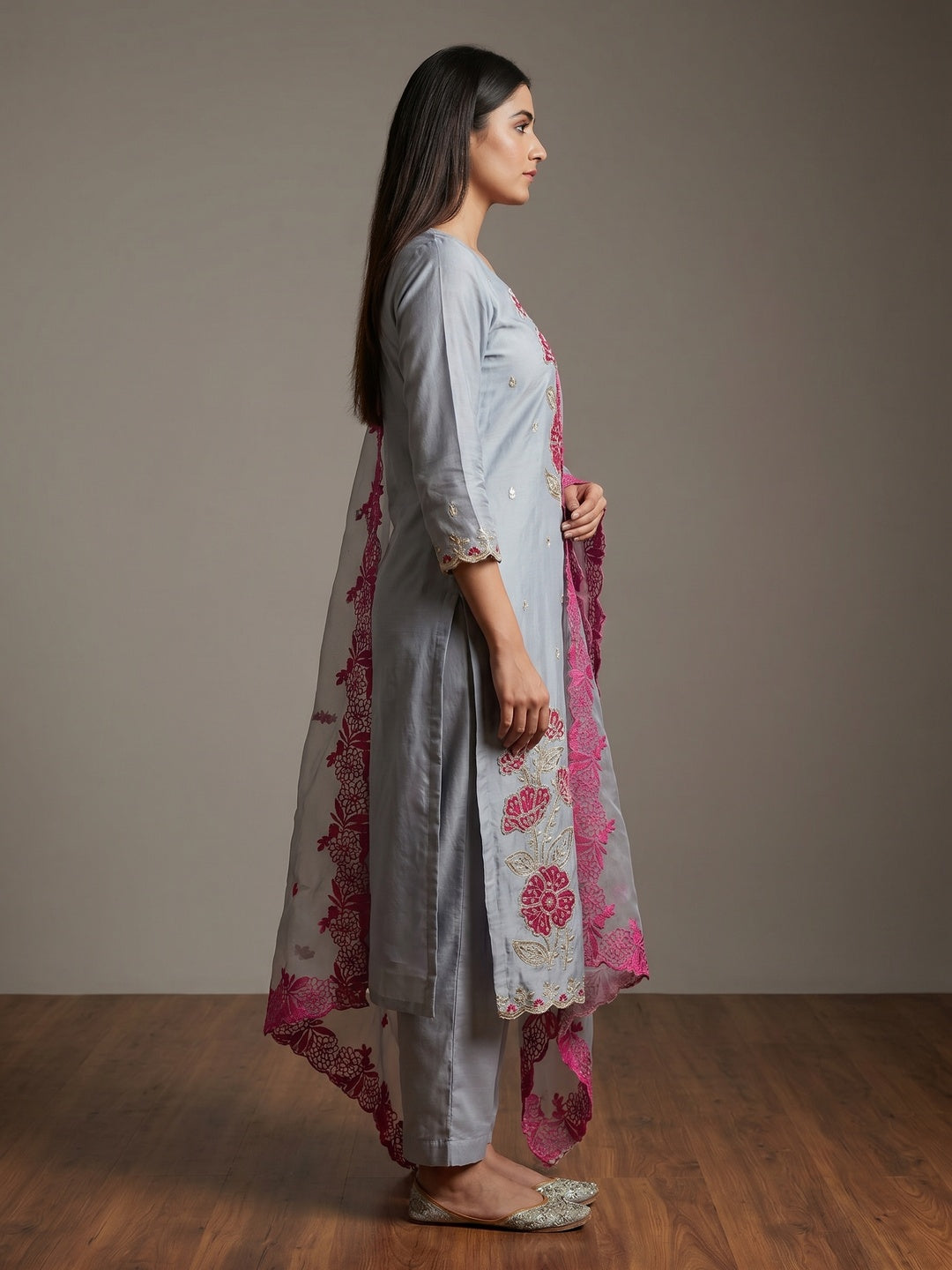 Grey Floral Hand Embroidered Cotton Silk Dress Material - Image 2