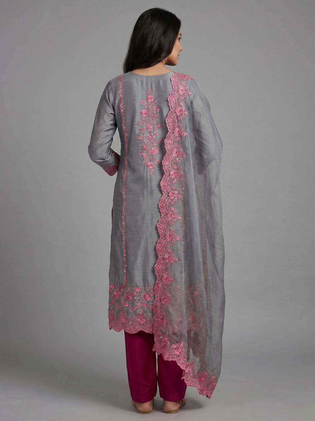 Grey Floral Hand Embroidered Cotton Silk Dress Material - Image 3