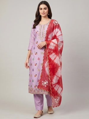 Light Purple Sequins Embroidered Cotton Silk Dress Material - Image 1