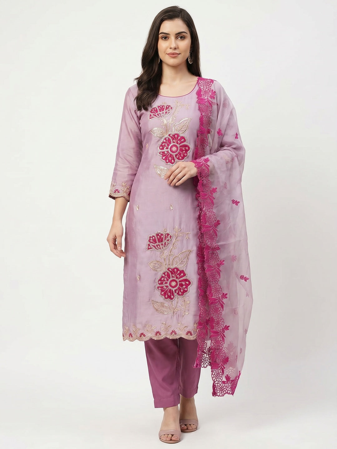 Mauve Floral Hand Embroidered Cotton Silk Dress Material - Image 1