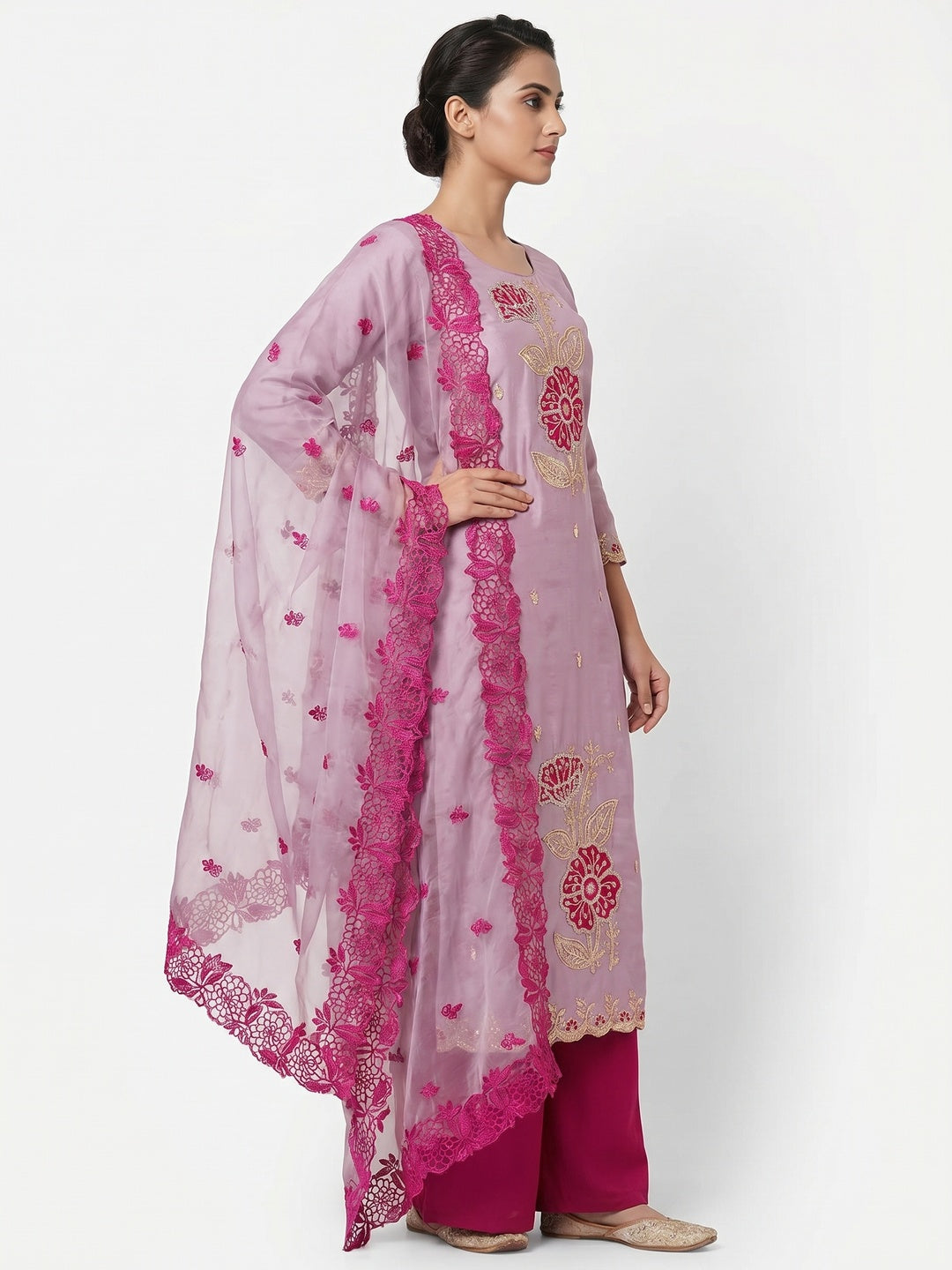Mauve Floral Hand Embroidered Cotton Silk Dress Material - Image 3
