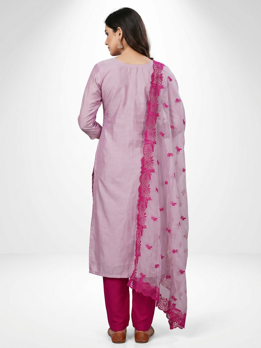 Mauve Floral Hand Embroidered Cotton Silk Dress Material - Image 2