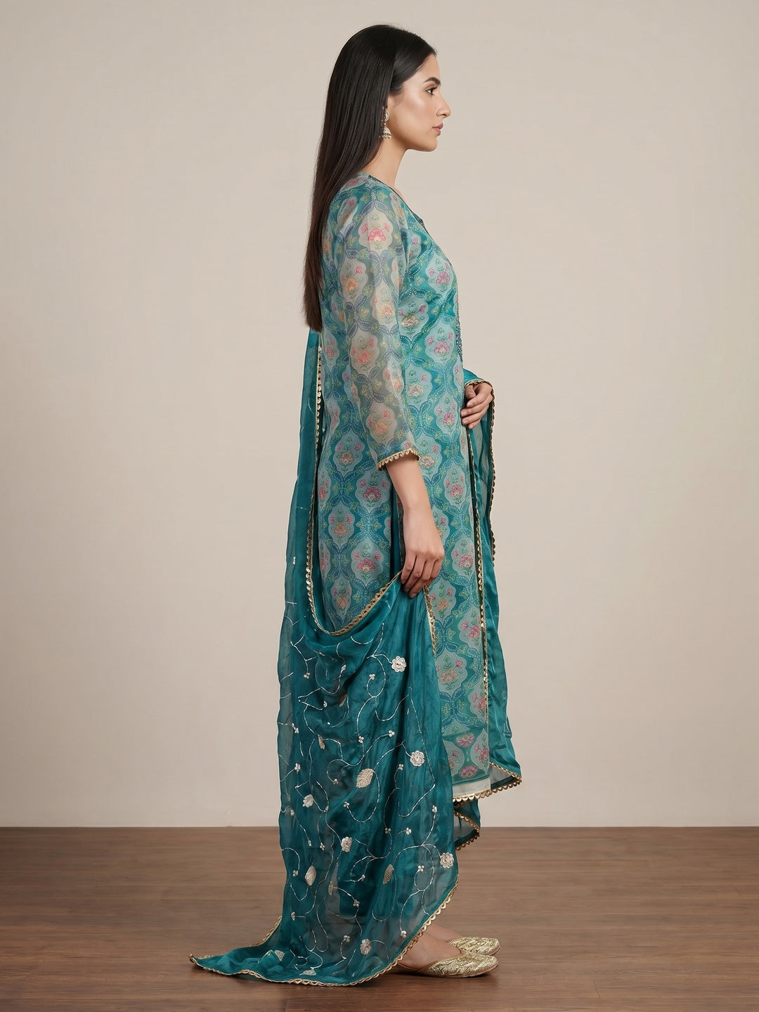 Teal Floral Printed With Hand Embroidery Organza Dress Material - Image 2